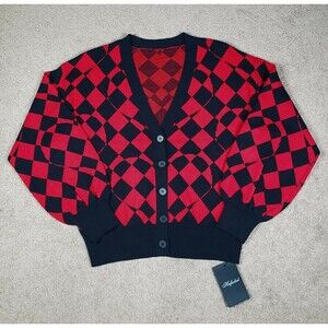 Hufuded Nwt Women's Cardigan Sweater Argyle Black/Red V-Neck Heart Hologram XL